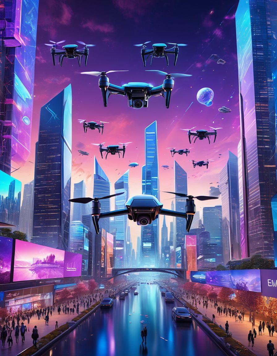 A futuristic landscape showcasing a city skyline with sleek buildings equipped with wireless technology, flying drones, and vibrant holographic displays. In the foreground, a diverse group of people interacting with innovative devices, highlighting the concept of accessibility and connectivity. The sky is a mix of blue and purple hues, symbolizing technological advancements. super-realistic. vibrant colors. 3D.