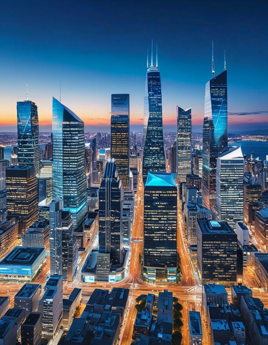 A modern city skyline with various wireless devices like smartphones, tablets, and laptops interconnected through glowing signals and waves. A vibrant landscape showcasing individuals using these devices while standing on a bustling street, with download icons and Wi-Fi symbols floating above. The scene encapsulates the dynamic relationship between technology and connectivity. super-realistic. vibrant colors. futuristic.