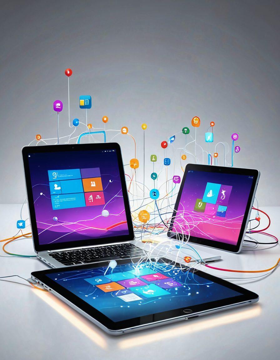 A vibrant, futuristic digital landscape showcasing a variety of wireless devices like tablets, smartphones, and laptops, all interconnected with glowing lines symbolizing data flow. In the background, a light bulb symbolizing innovation shines brightly, surrounded by colorful digital downloads icons. The scene conveys a sense of creativity and technology working in harmony. super-realistic. vibrant colors. white background.